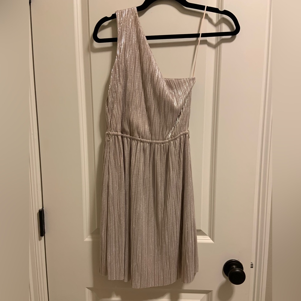 Champagne shimmer one shoulder dress.